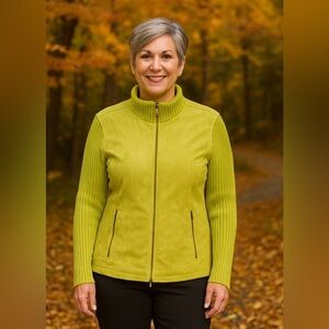 A.M.I Olive Green Leather Sweater Jacket Coat Turtleneck Two Way Biker Moto Lg